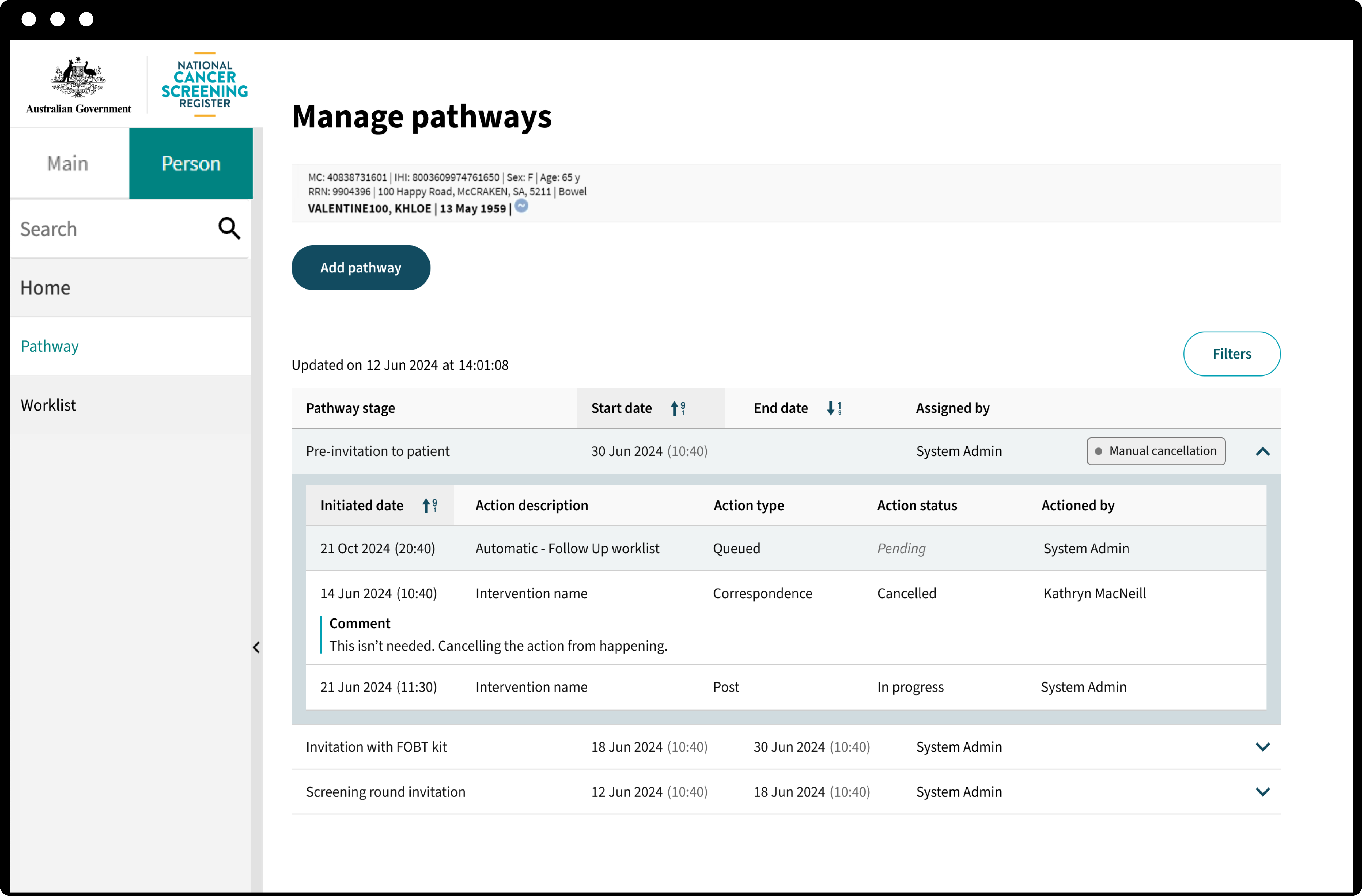 National Cancer Screening Register - Population Health Solutions Lung pathways